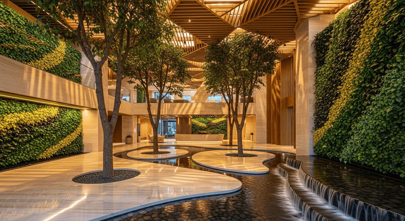Biophilic lobby interior with living green walls, mature trees, water features, and parametric timber ceiling with golden light