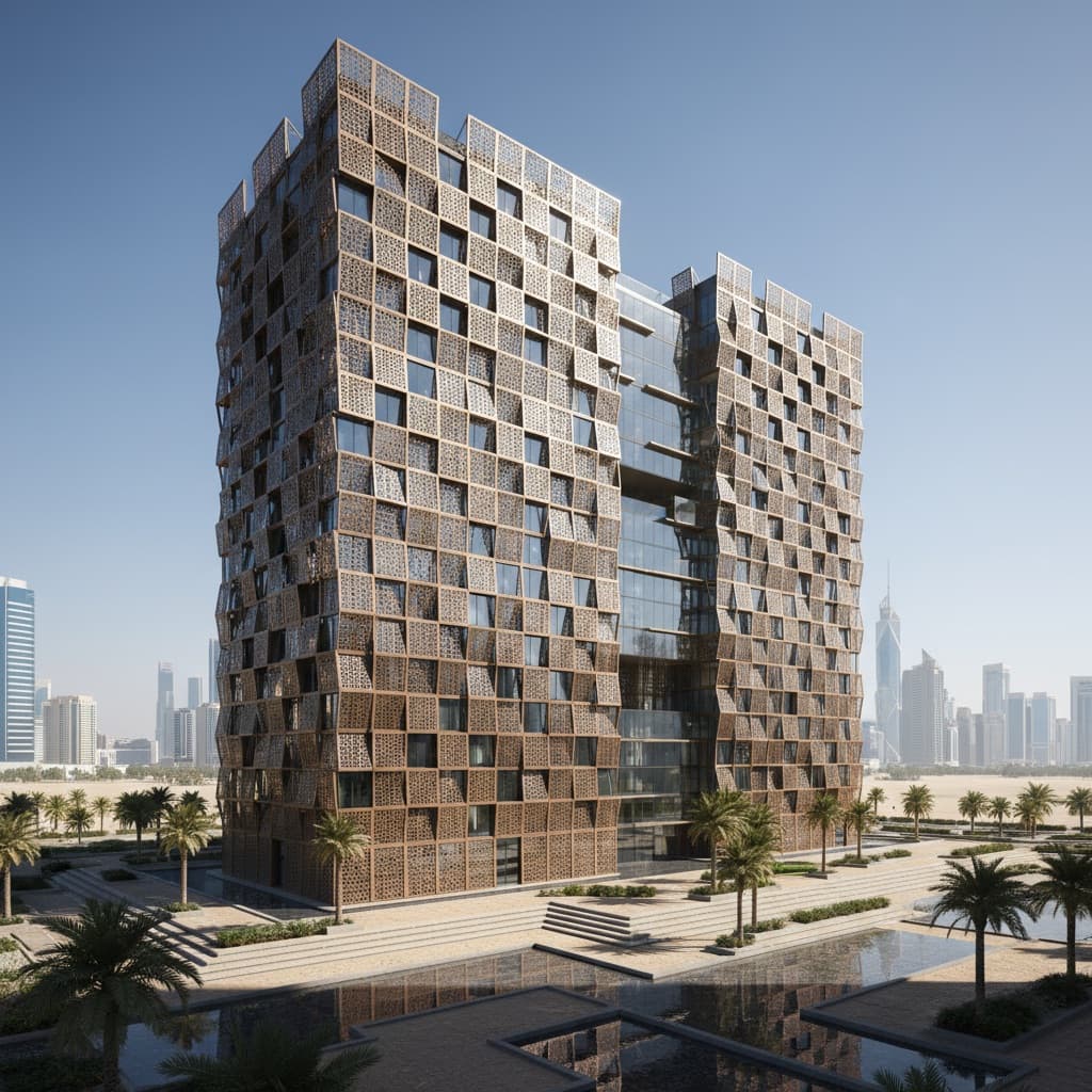 Parametric residential towers in Gulf city with algorithmically optimized mashrabiya-inspired solar shading facade creating dynamic shadow patterns
