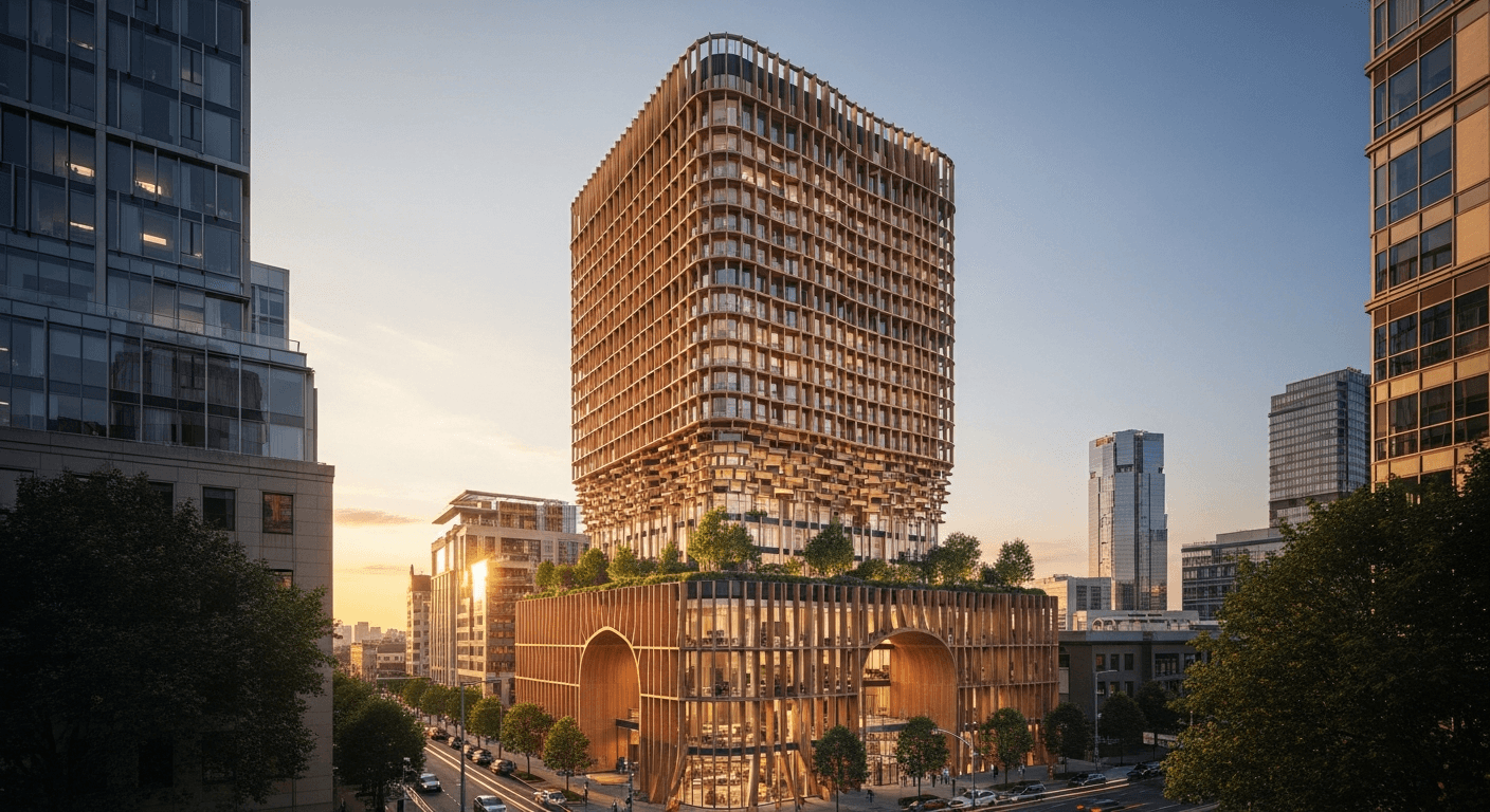 Luxury parametric tower with graduating wooden facade panels revealing interior terraces at golden hour