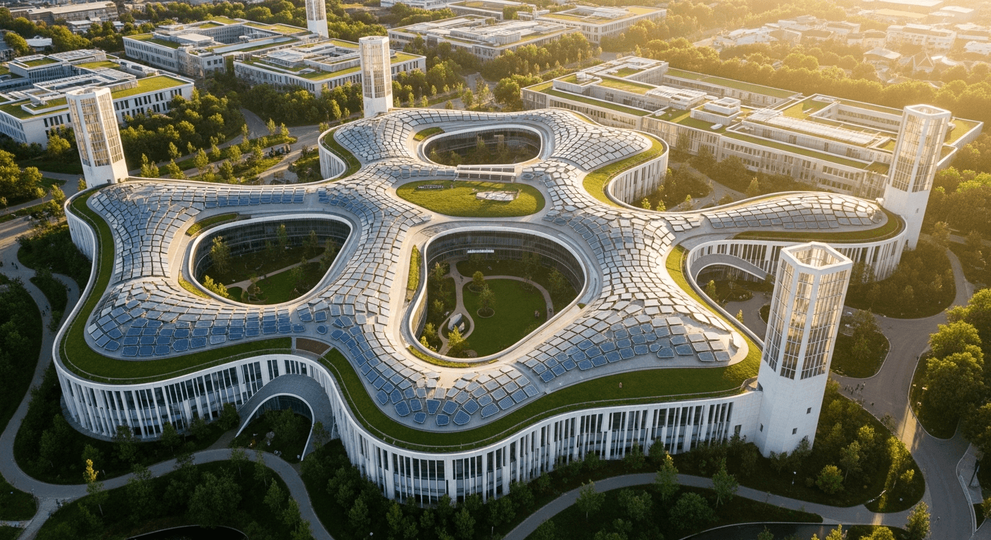 Aerial view of high-performance bioclimatic campus with parametric solar roofs and green courtyards