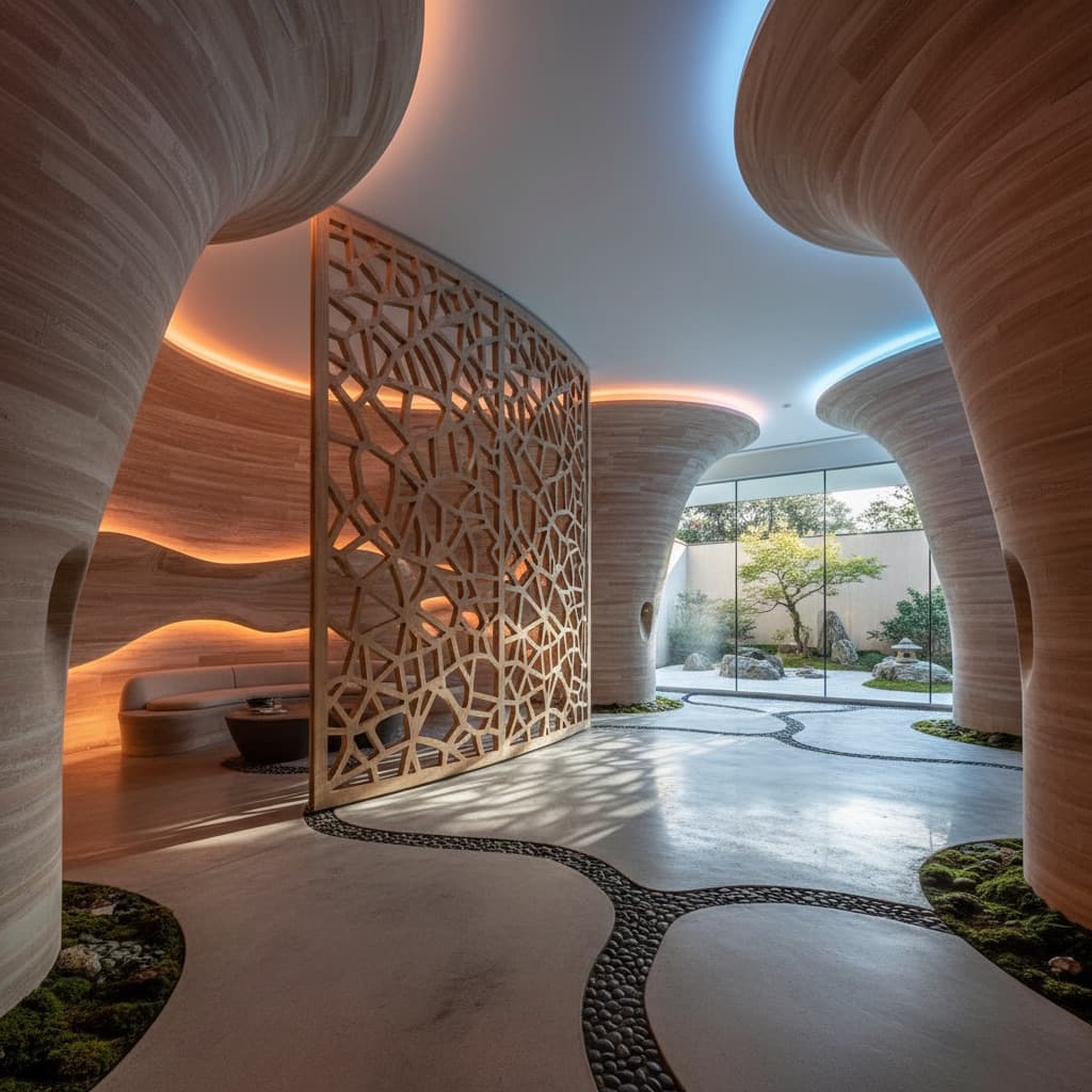 Interior de spa de lujo con diseño neuroarquitectónico: paredes curvas orgánicas, screen fractal de madera y jardín de meditación
