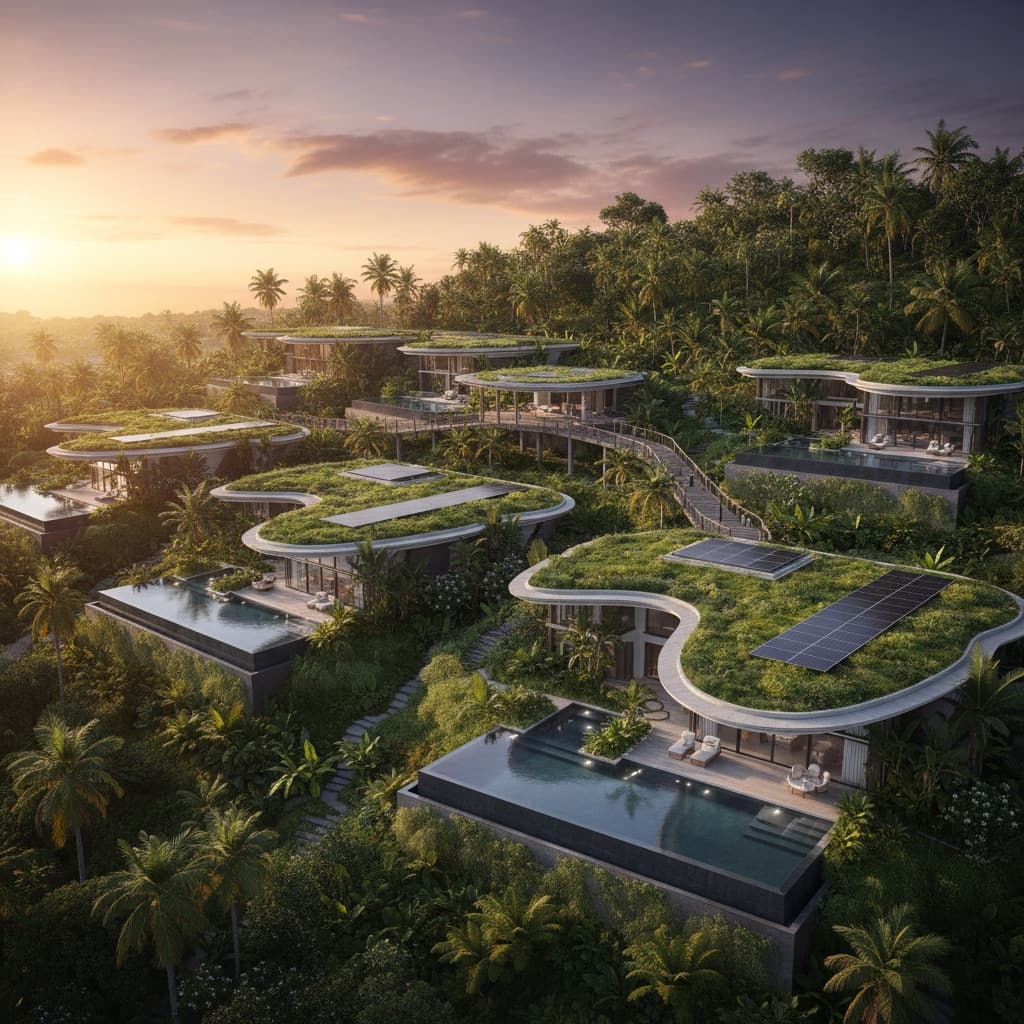 Aerial view of premium wellness residential development at sunset: contemporary villas with parametric green roofs, infinity pools, and biophilic courtyards on tropical hillside