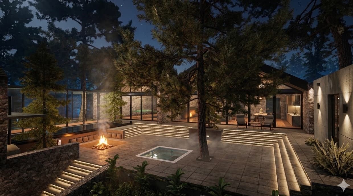 Arquitectura bioclimatica iluminada al atardecer en Valle de Bravo