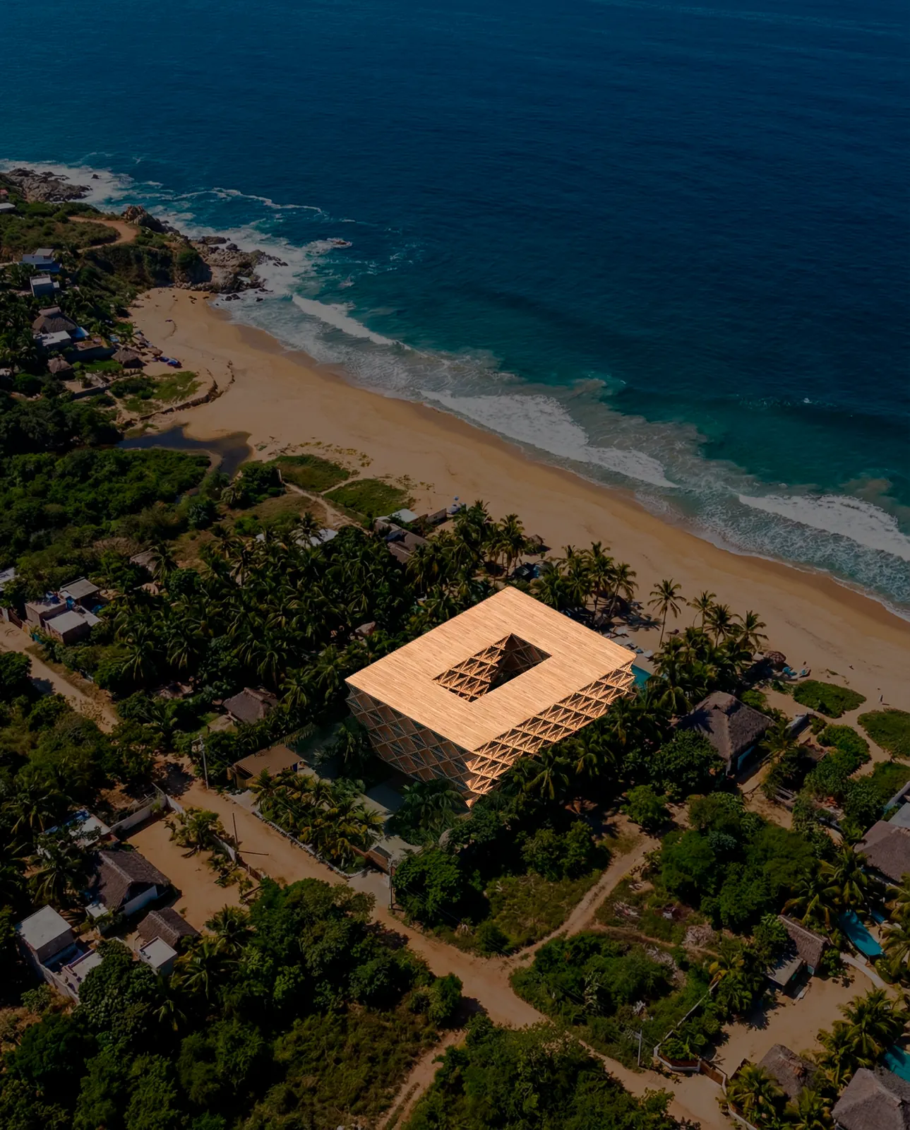 Diagrid hotel — aerial beach view