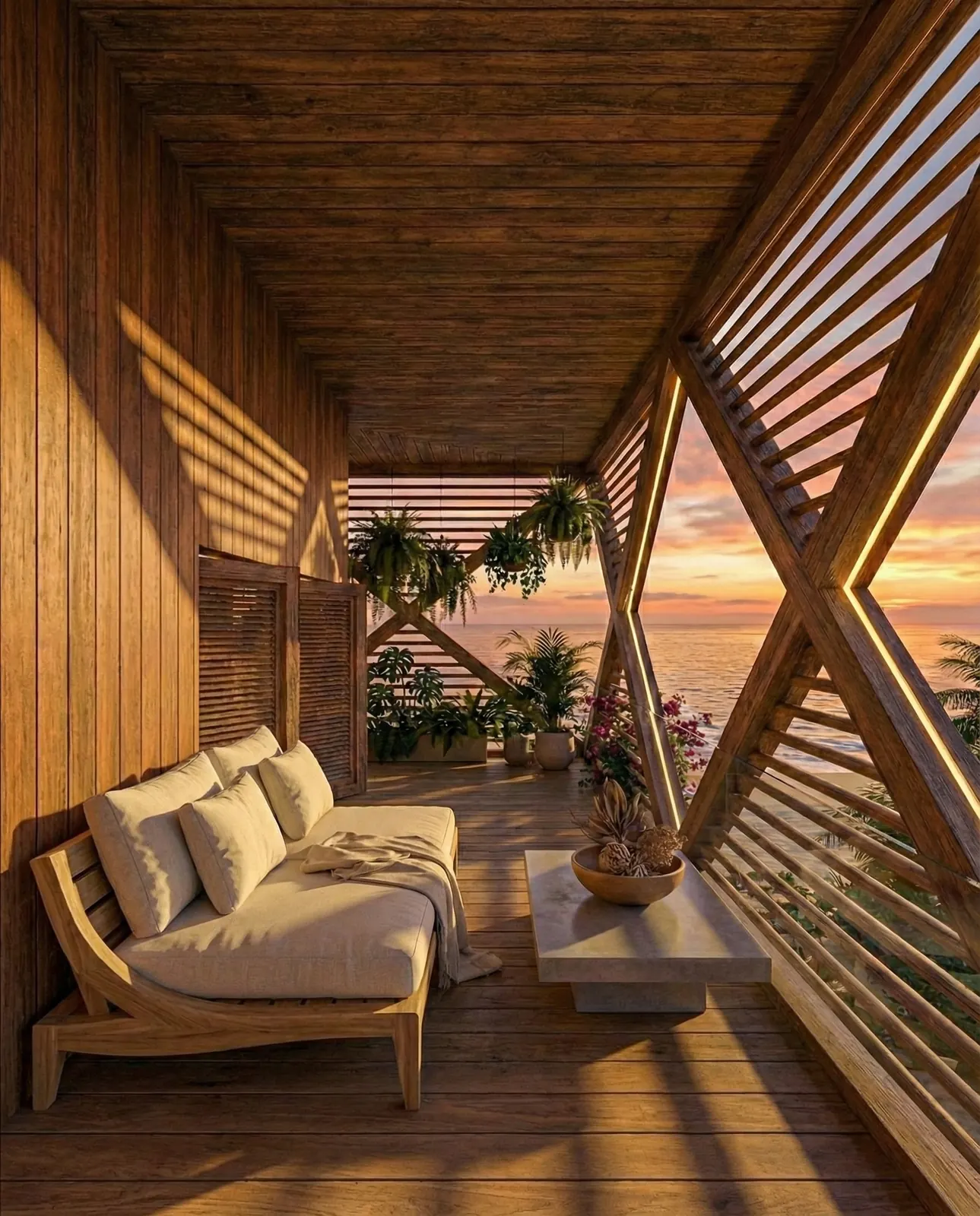 Diagrid terrace — timber interior at sunset