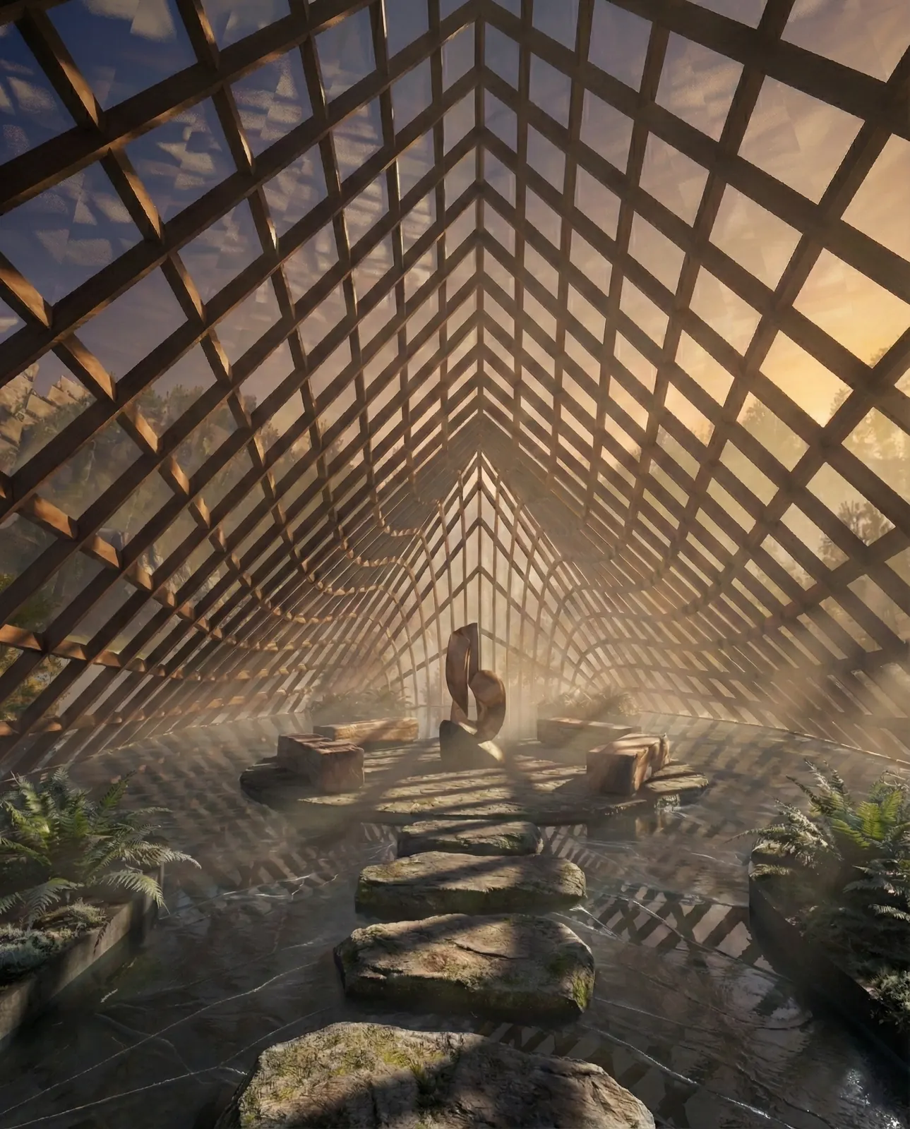 Interior of diagrid pavilion — light rays