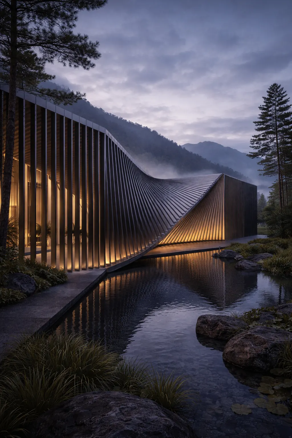 Parametric ruled-surface facade at dusk