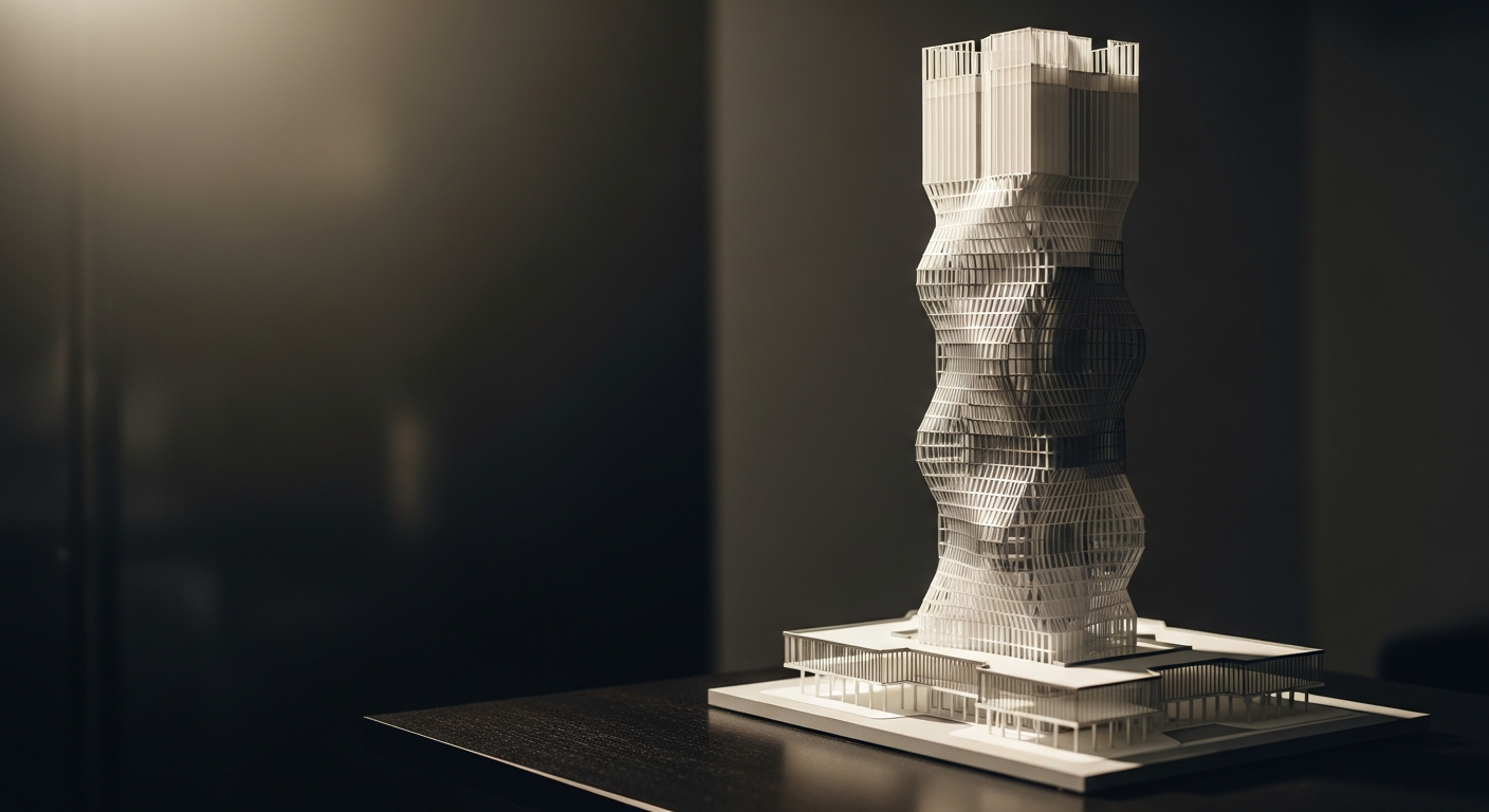 Architectural scale model of parametric tower on presentation table showing facade panel variation