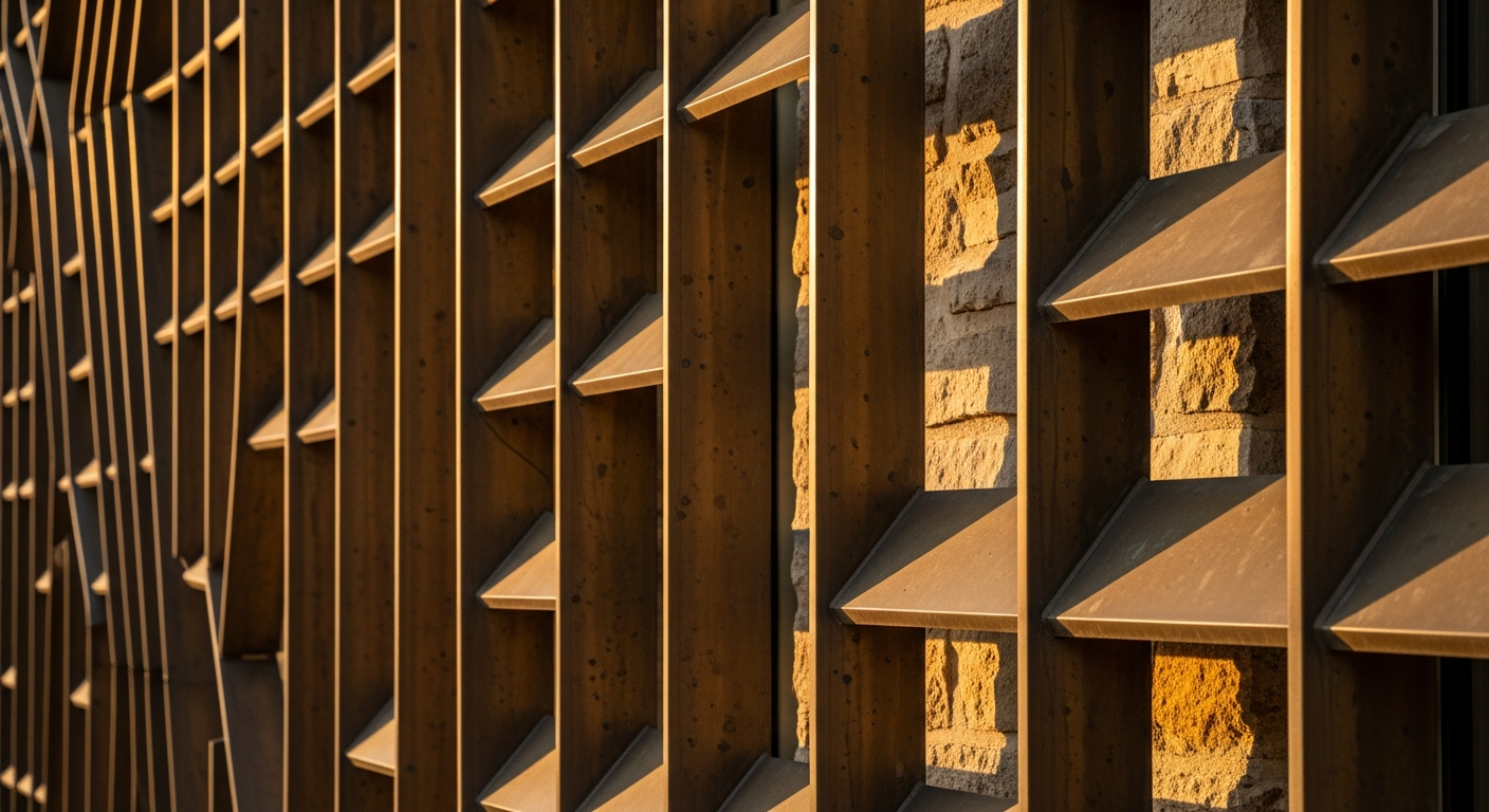 Close-up of parametric bronze louvers on a building facade, each at a precisely calculated angle with geometric shadow play