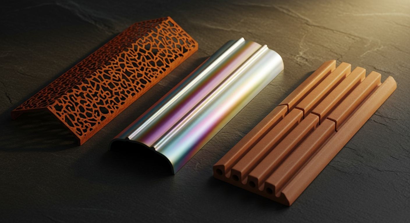 Three parametric facade material samples on dark slate: perforated corten steel, anodized aluminum fin, and terracotta baguette louver