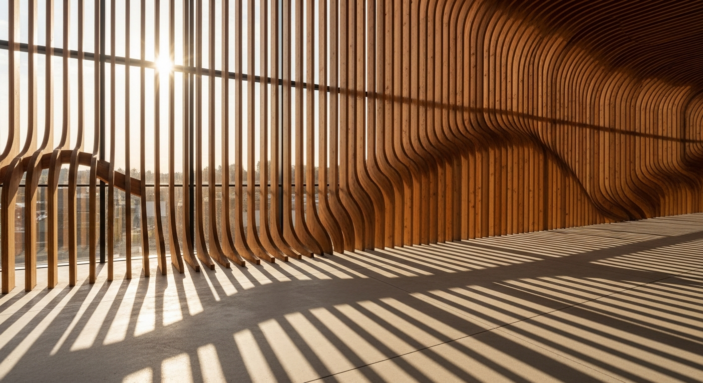 Parametric timber brise-soleil on glass facade creating dappled light patterns on interior concrete floor