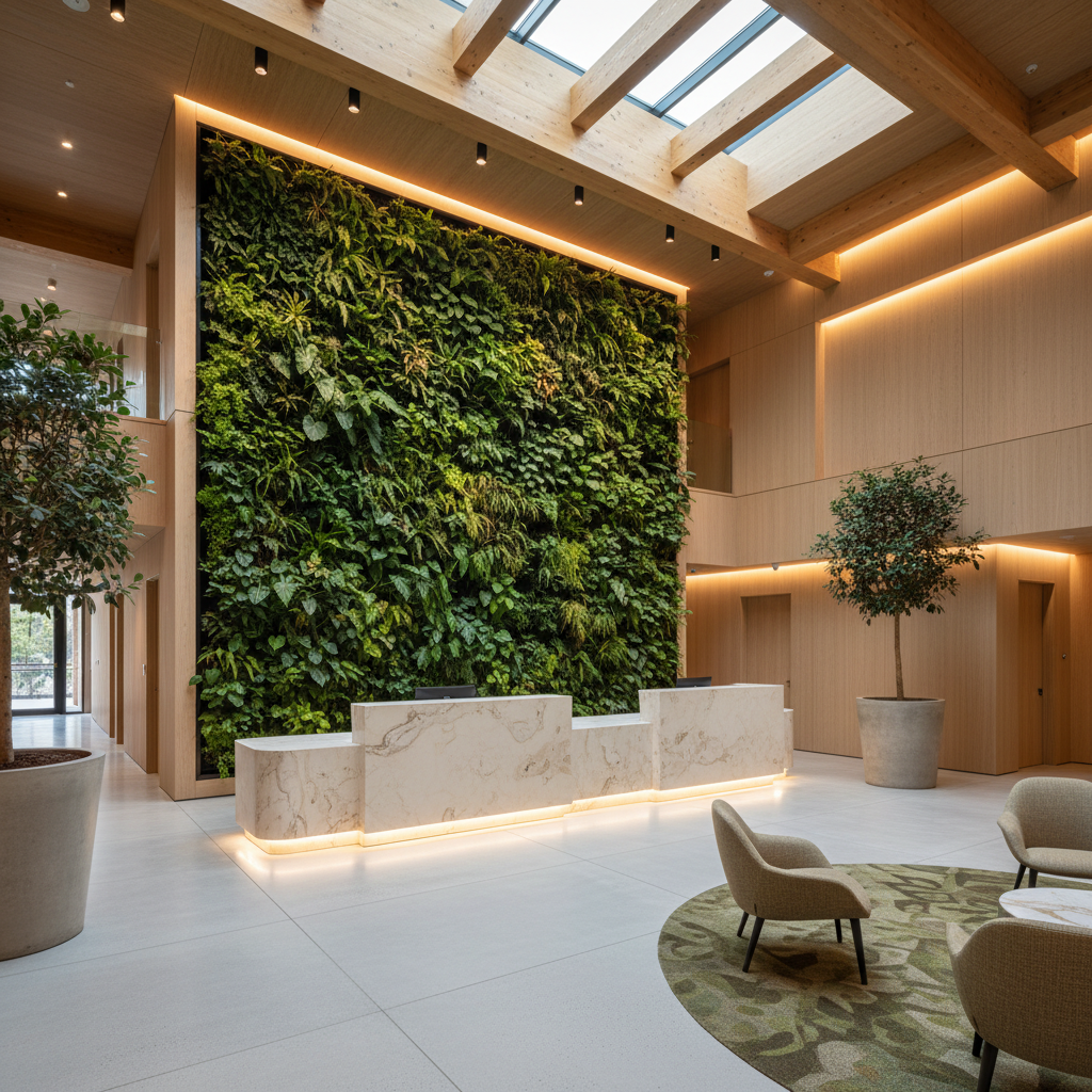 Modern sustainable building lobby with living green wall, natural stone reception, premium wellness architecture