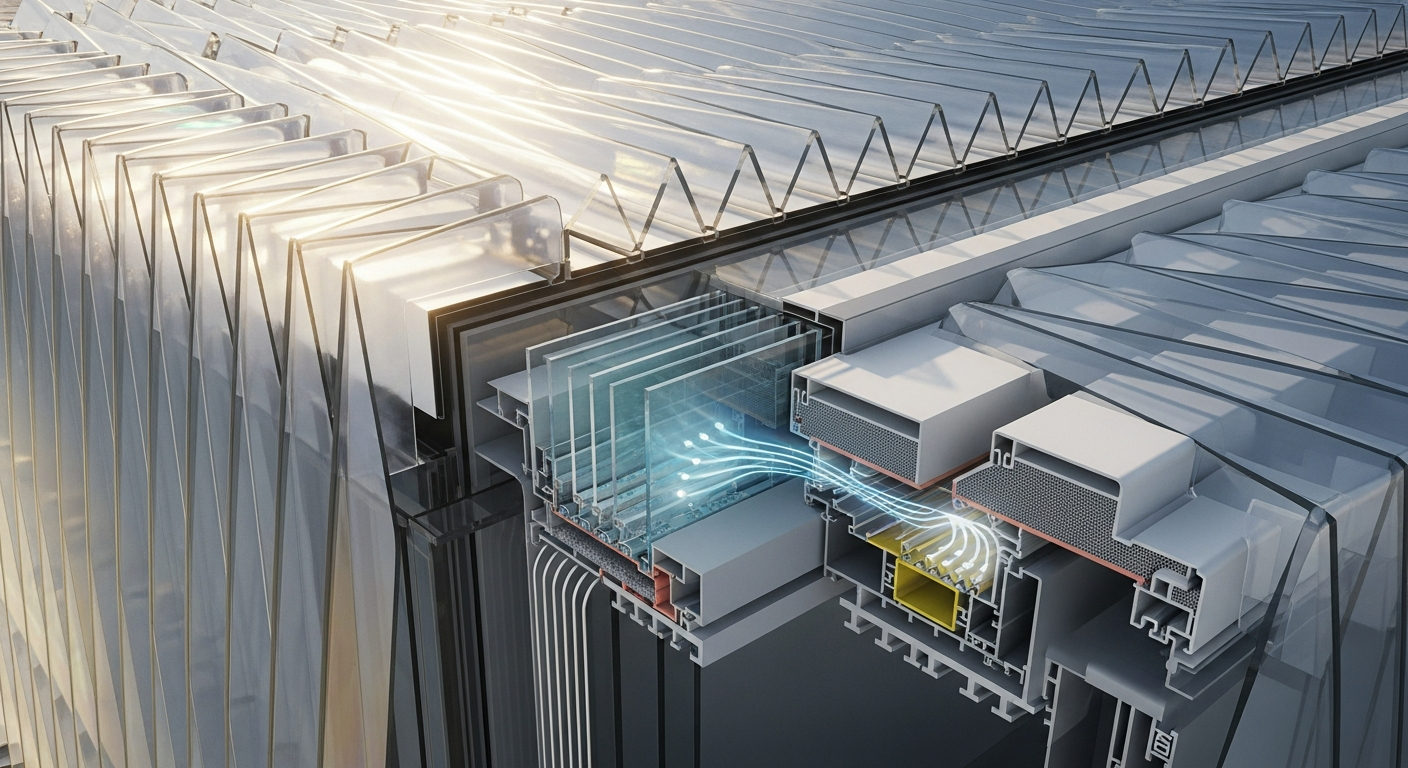Detail of double-skin facade system showing outer parametric glass fins, air cavity, and inner insulated glazing