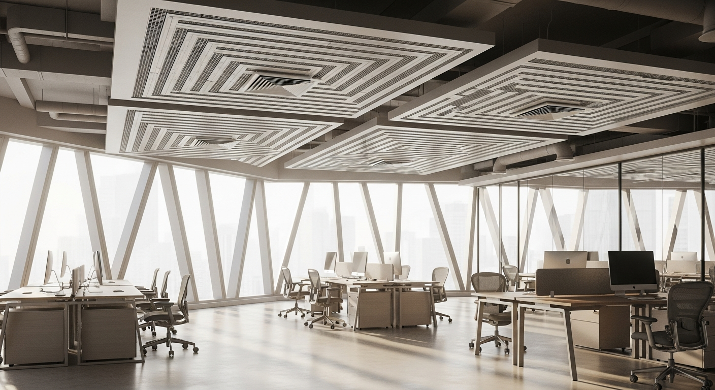 Interior of high-performance office with exposed radiant ceiling panels, displacement ventilation, and daylight-optimized parametric windows