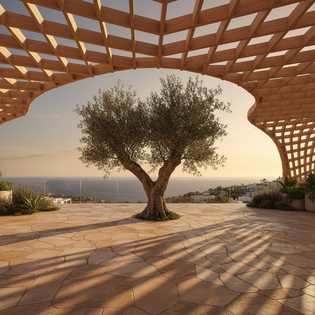 Luxury terrace with mature olive tree, travertine floor, parametric wooden trellis casting geometric shadows, sea view