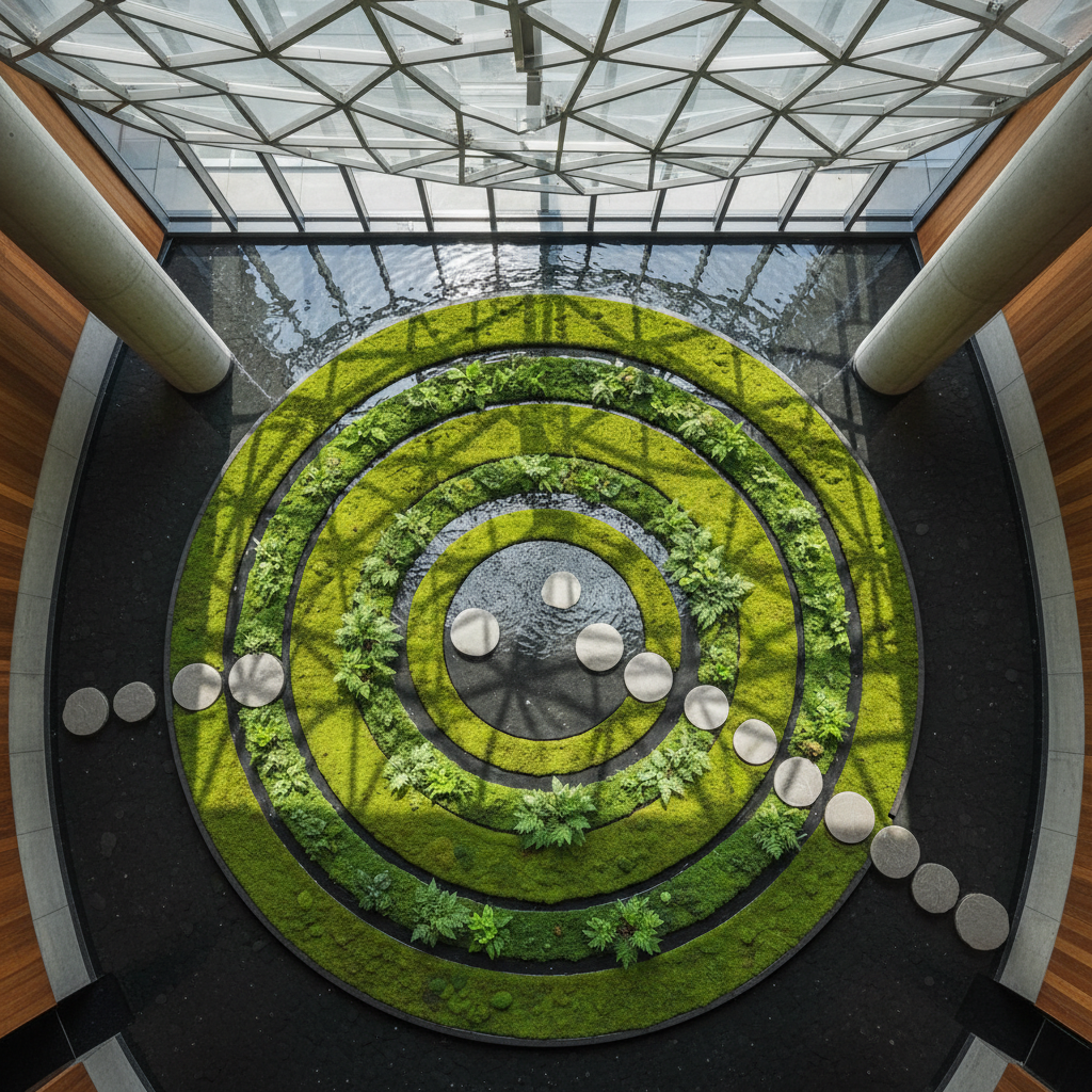 Overhead view of circular meditation garden inside building atrium with concentric rings of moss and ferns