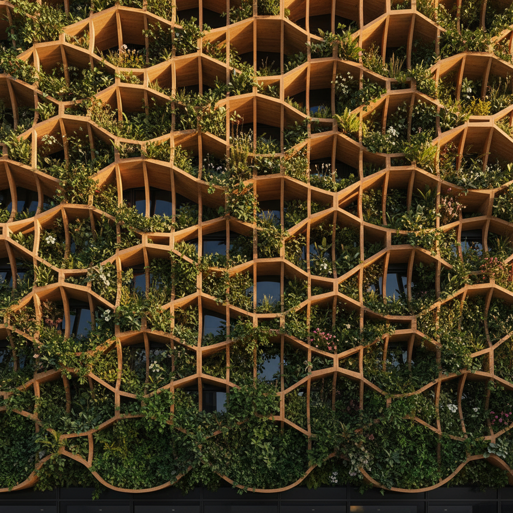 Parametric timber screen facade with climbing plants growing through algorithmically spaced organic gaps