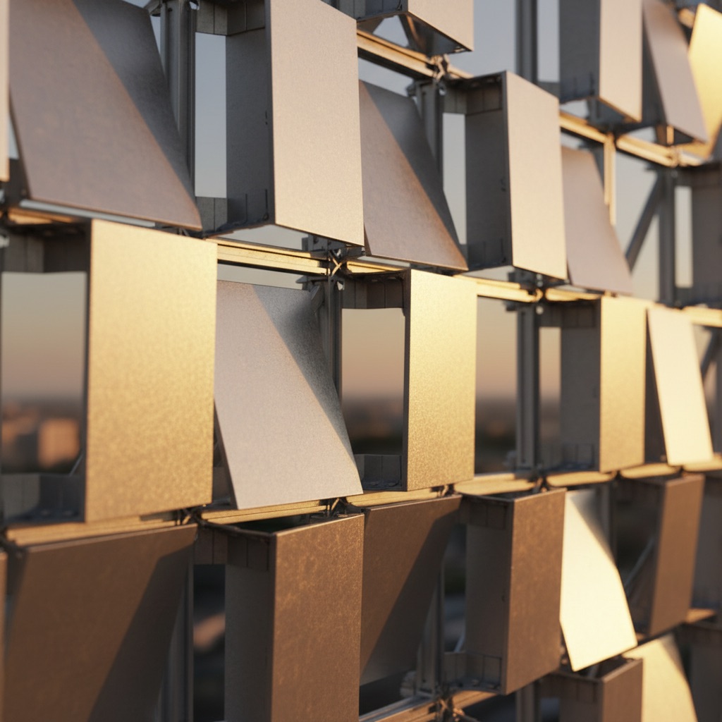 Close-up of parametric facade panel connection system: brushed aluminum panels at individually calibrated angles on steel substructure at golden hour