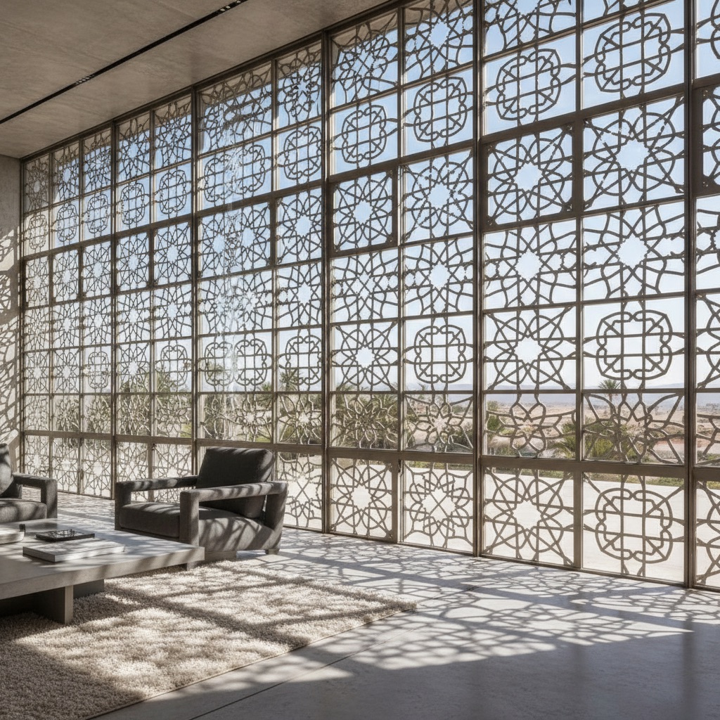 Contemporary parametric mashrabiya screen: CNC-milled aluminum panels with geometric Islamic-inspired patterns filtering desert light into soft interior illumination