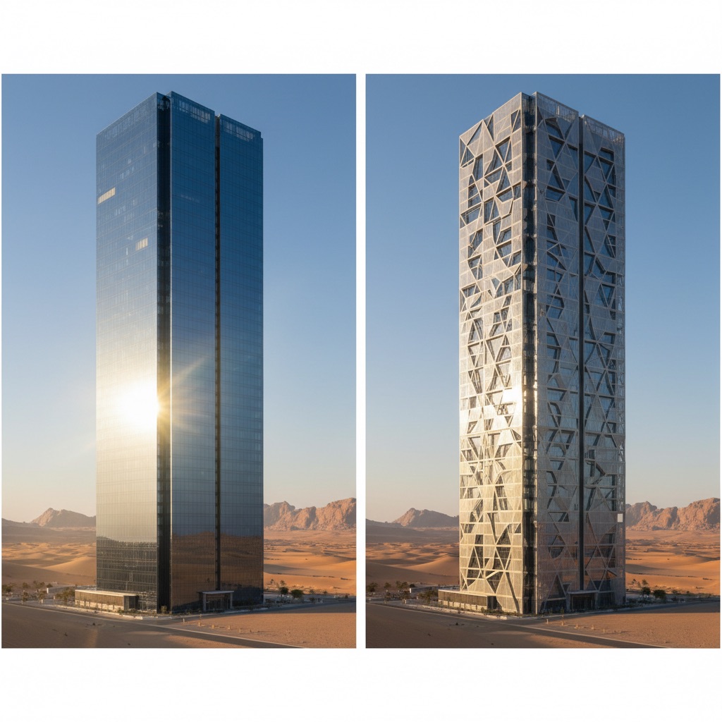 Split comparison: conventional glass curtain wall tower with solar glare versus parametric solar shading facade with algorithmic panel variation in desert climate
