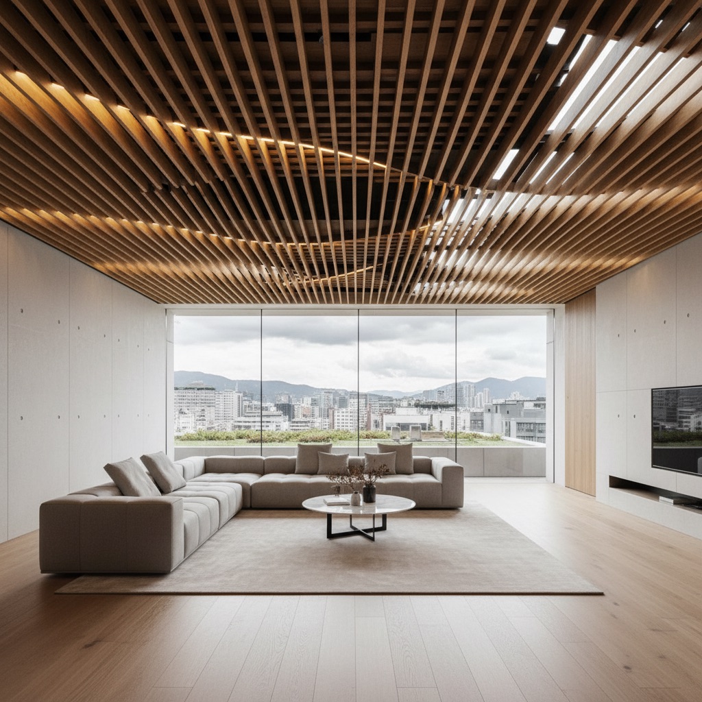 Sistema de techo paramétrico con iluminación circadiana: lamas de madera algorítmicamente variadas creando gradiente de luz ámbar a luz natural