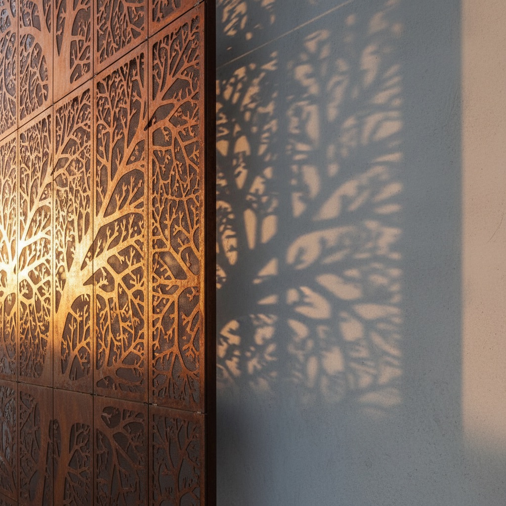 Panel paramétrico con patrones fractales biofílicos en acero corten — las perforaciones orgánicas filtran la luz creando sombras que reducen cortisol