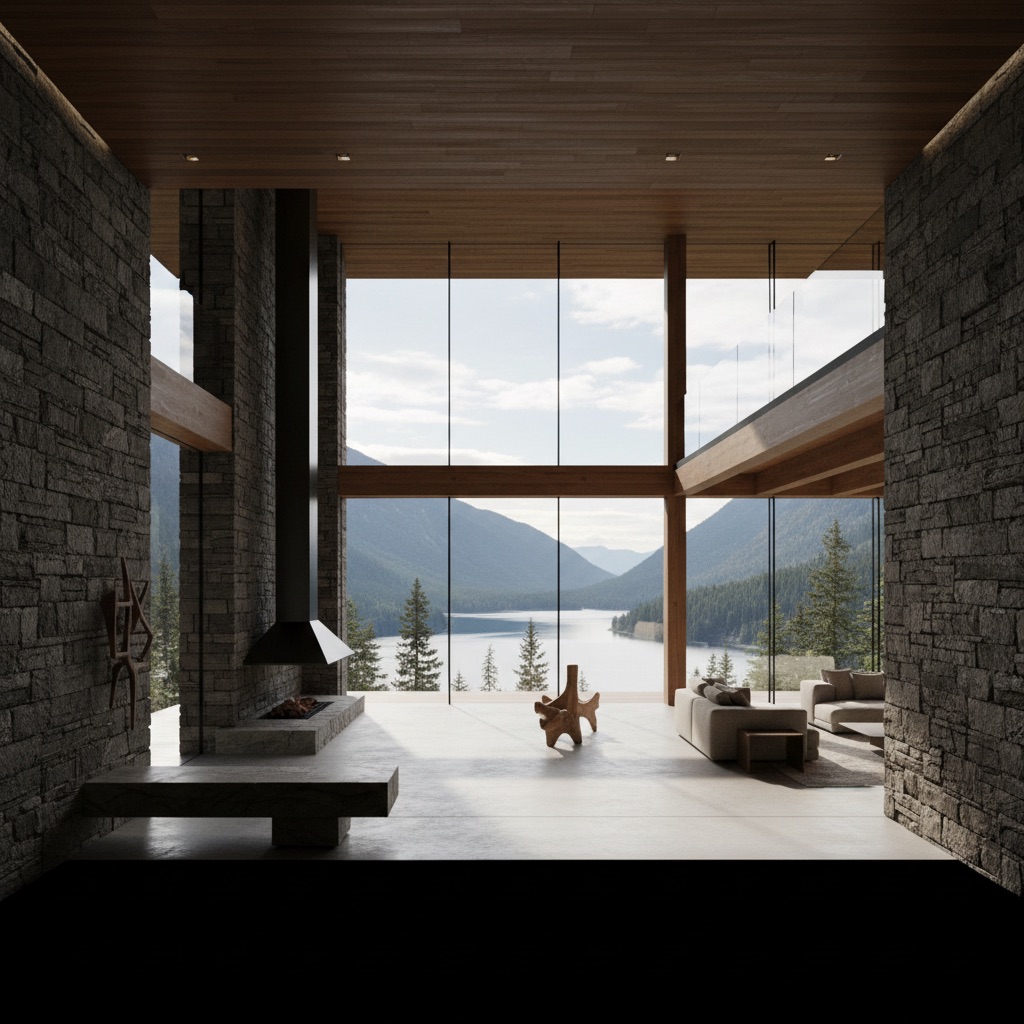 Perspectiva de sección arquitectónica mostrando secuencia neuroarquitectónica: compresión en corredor de entrada a expansión en sala de doble altura con vista al lago