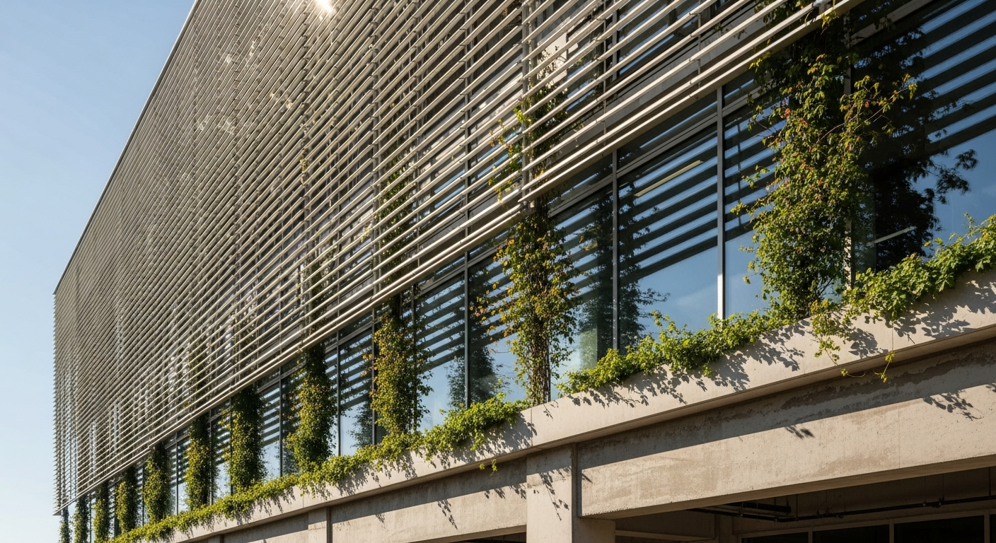 Bioclimatic parametric building envelope with adaptive solar shading panels and integrated natural ventilation