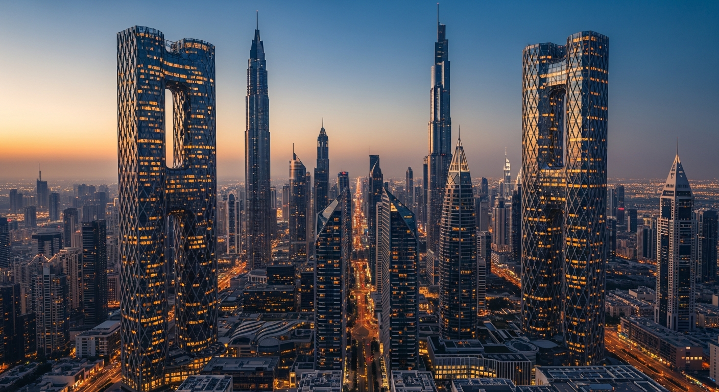 Futuristic parametric cityscape at dusk showing multiple towers with distinctive algorithmic facades