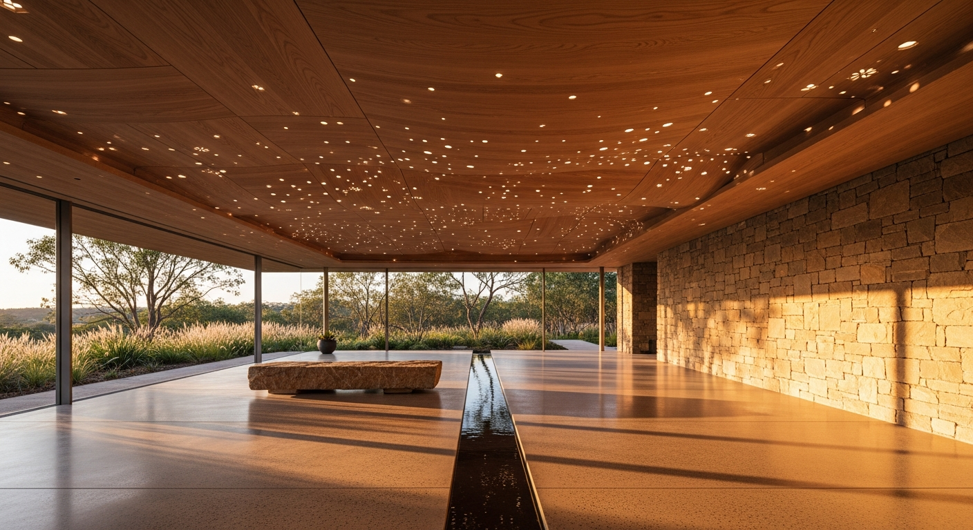 Parametric ceiling with circadian lighting in a luxury wellness interior featuring natural materials and biophilic design