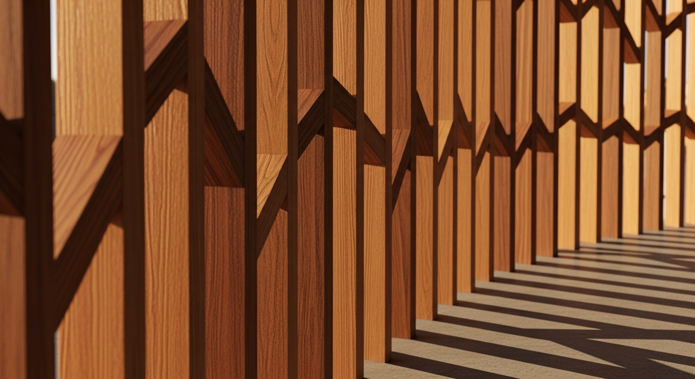 Close-up of a parametric ruled surface lattice facade showing computational design geometry with light filtering through algorithmically calculated gaps