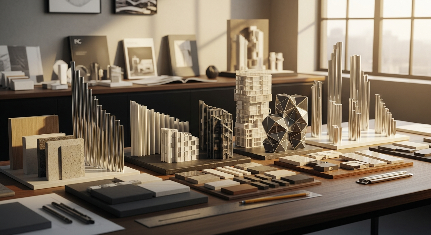 Architecture studio consultation table with parametric facade samples and material swatches