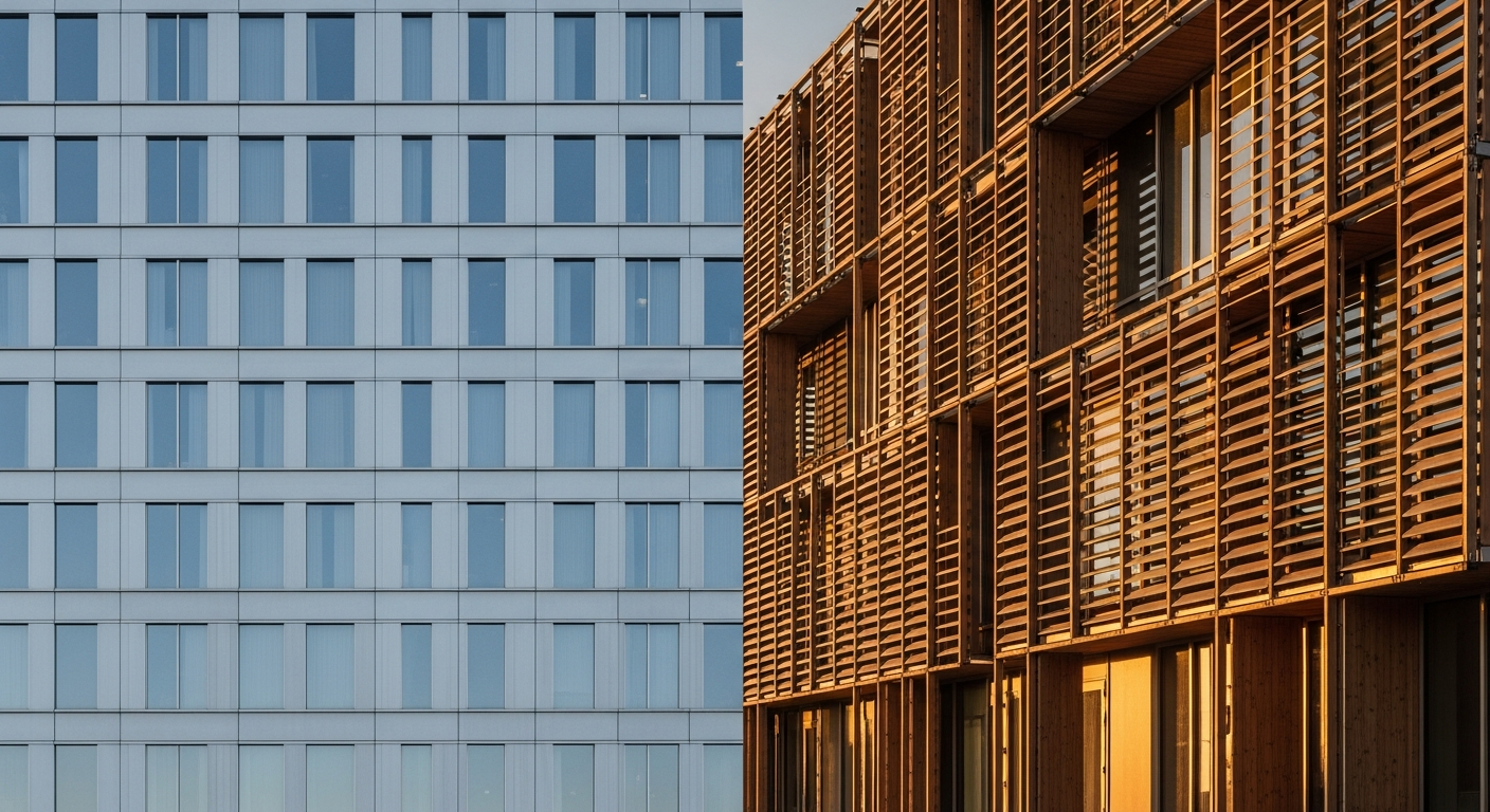 Detailed comparison of parametric facade geometry versus traditional curtain wall showing algorithmic variation in panel angles