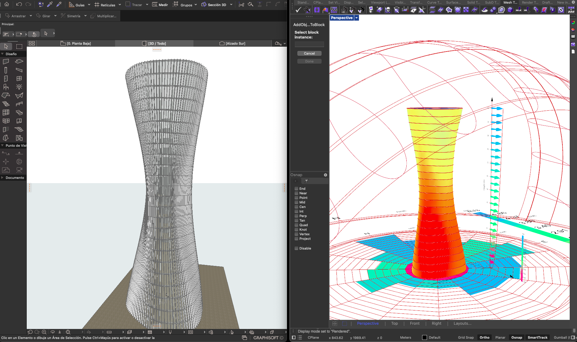 Torre ZMX ARCHICAD BIM model alongside Ladybug solar radiation analysis