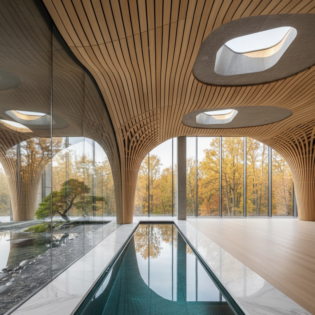Premium wellness amenity floor: parametric timber ceiling, meditation garden, lap pool with organic skylights creating dappled light on water
