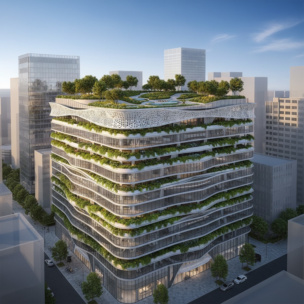 Premium office building with parametric facade, integrated planters at every floor, parametric sunshade system, and green roof garden in modern urban context