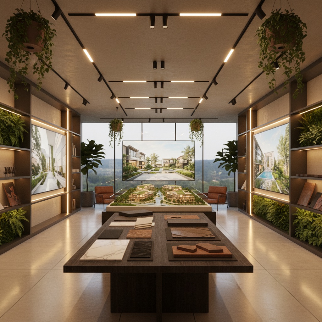 Premium wellness development showroom: architectural model, material samples, architectural renders, biophilic interior with warm lighting