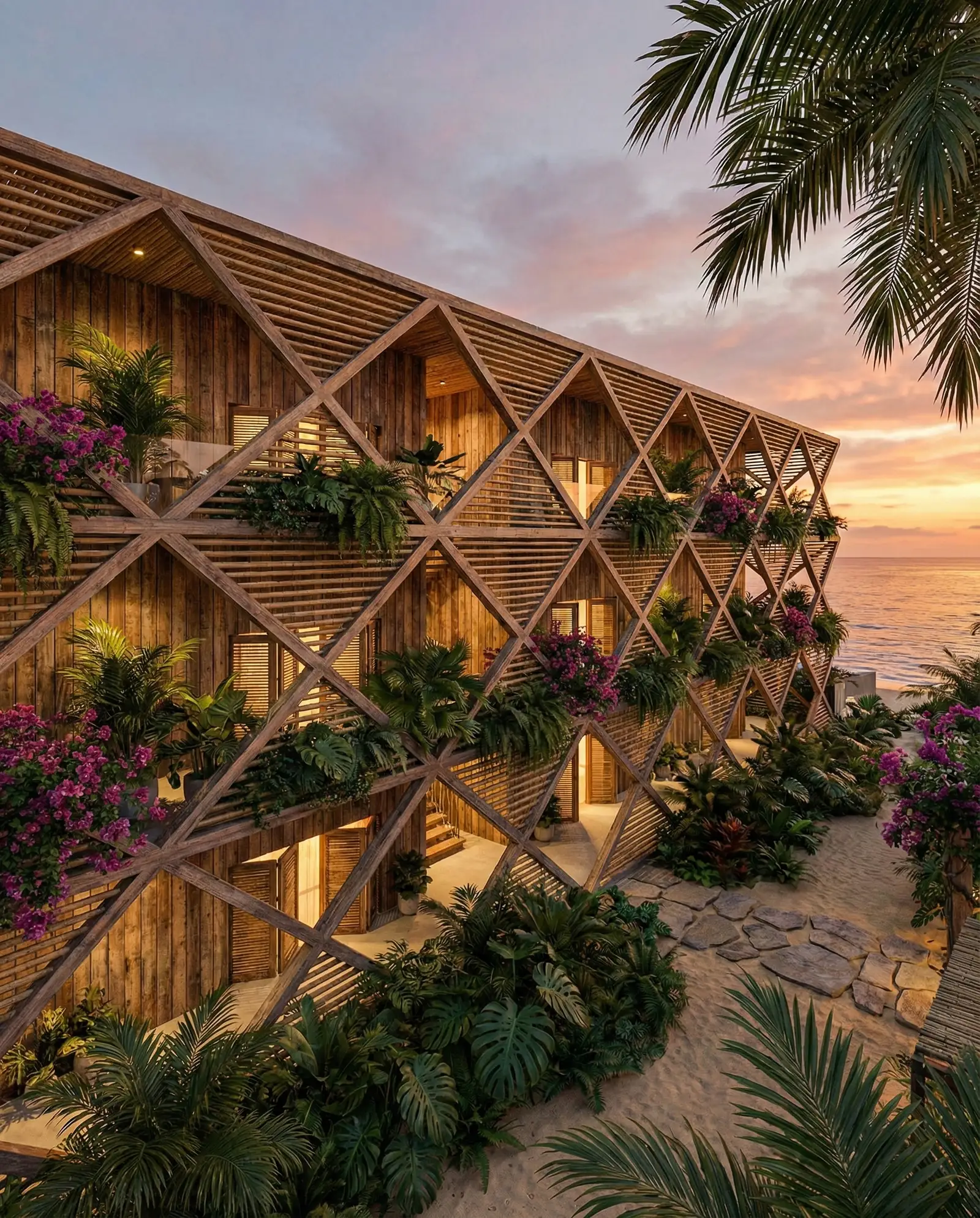Hotel Diagrid Puerto Escondido by Arquitectura Introspectiva: parametric timber diagrid facade with biophilic planting